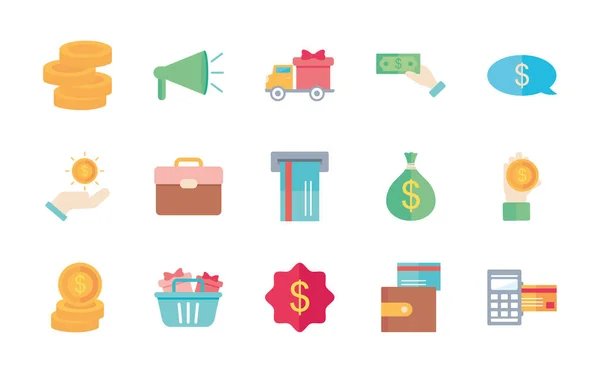 Icon set of money coins and shopping, flat style — Stock Vector