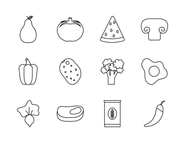 Légumes et aliments sains icône ensemble, style ligne — Image vectorielle