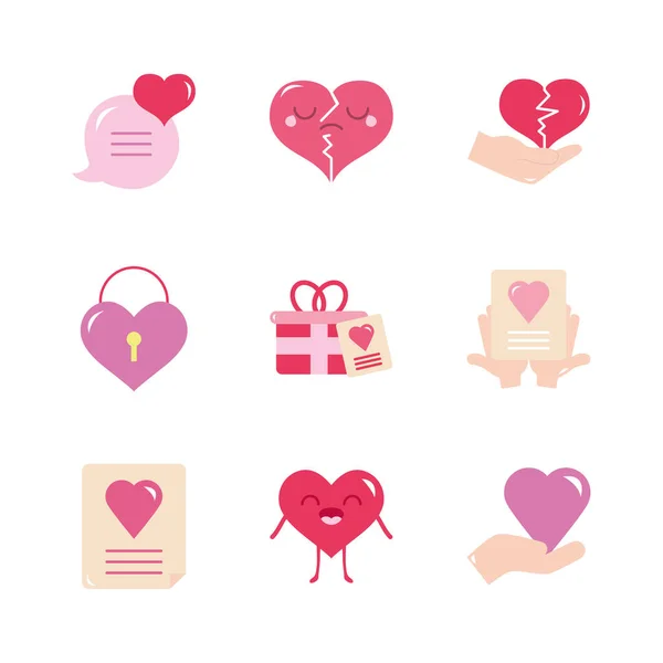 Amor y corazones icono conjunto, estilo plano — Vector de stock