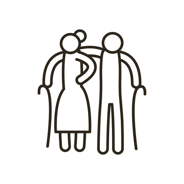 Mormor och morfar med promenadkäppar linje stil ikon vektor design — Stock vektor