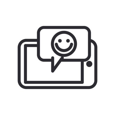 Akıllı telefon çizgisi biçim vektör tasarımının önünde baloncuktaki mutlu emoji yüzü