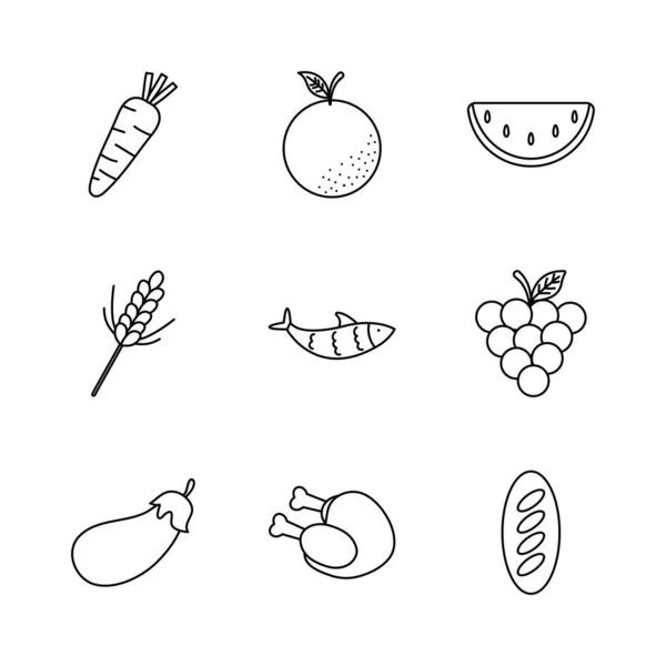 Icon set van gezonde voeding en groenten, lijn stijl — Stockvector