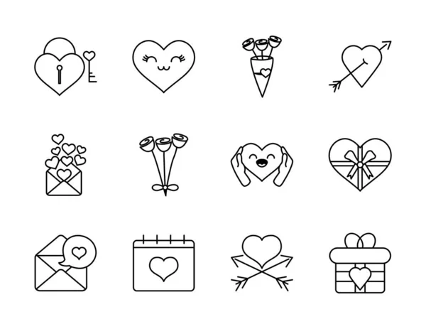 Bouquet de flores e conjunto de ícones de amor, estilo de linha — Vetor de Stock