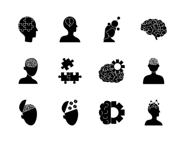 Cérebro e conjunto de ícones de saúde mental, estilo silhueta — Vetor de Stock
