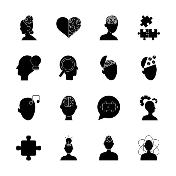 Heads and mental health icon set, silhouette style — Stock Vector