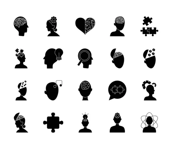 Jigsaw puzzles and mental health icon set, silhouette style — Stock Vector