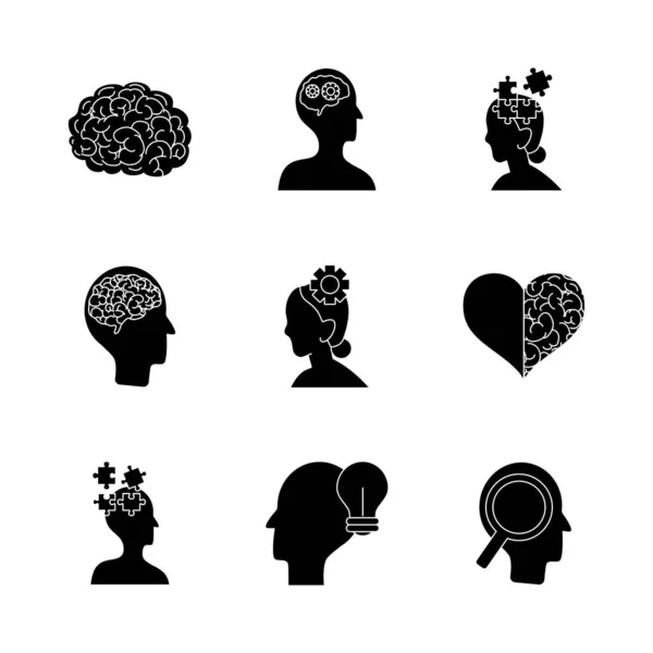 Icono conjunto de corazón y salud mental, estilo silueta — Archivo Imágenes Vectoriales