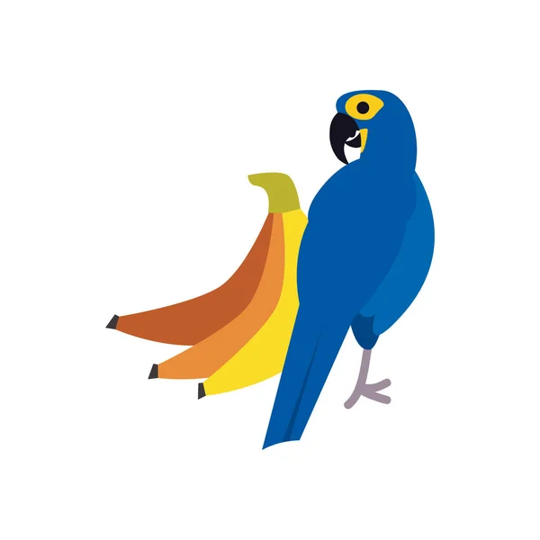 Μπλε πουλί μακάο και μπανάνες επίπεδη στυλ εικονίδιο διάνυσμα σχεδιασμό — Διανυσματικό Αρχείο