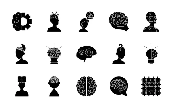 Conjunto de ícones de saúde mental e cérebro, estilo silhueta —  Vetores de Stock