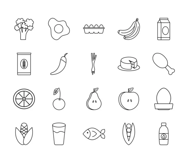 Icono conjunto de peces y alimentos saludables, estilo de línea — Vector de stock