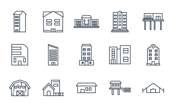 Ciudad edificios línea estilo icono conjunto vector diseño — Vector de stock