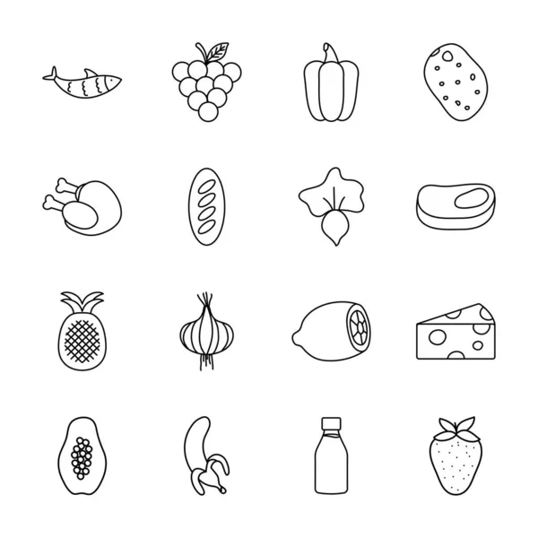 Frukt och hälsosam mat ikon set, linje stil — Stock vektor