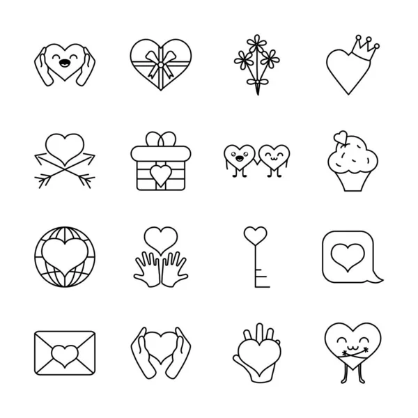 Caja de regalo y corazones icono conjunto, estilo de línea — Vector de stock