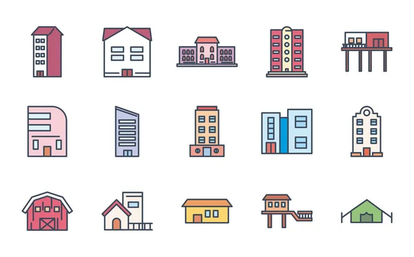 City buildings line and fill style icon set vector design — Stock Vector