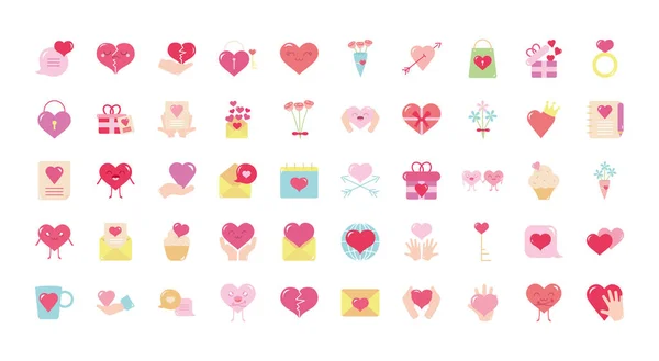 Corazones y amor icono conjunto, estilo plano — Archivo Imágenes Vectoriales