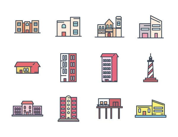 Línea de edificios de la ciudad y el icono de estilo de relleno conjunto vector diseño — Vector de stock