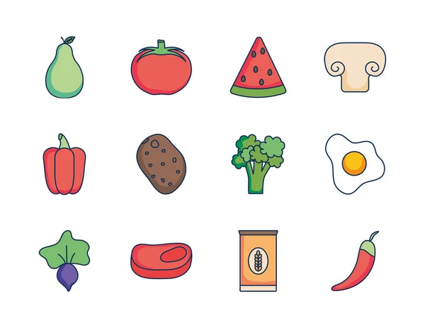Grönsaker och hälsosam mat ikon set, linje fylla stil — Stock vektor