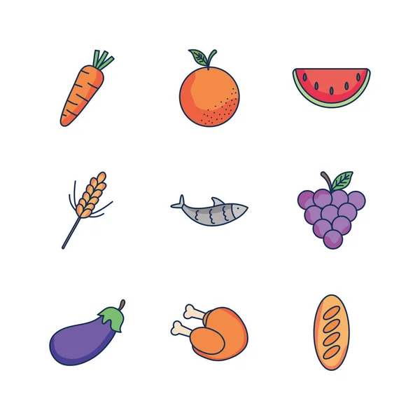 Icon set van gezonde voeding en groenten, line fill stijl — Stockvector