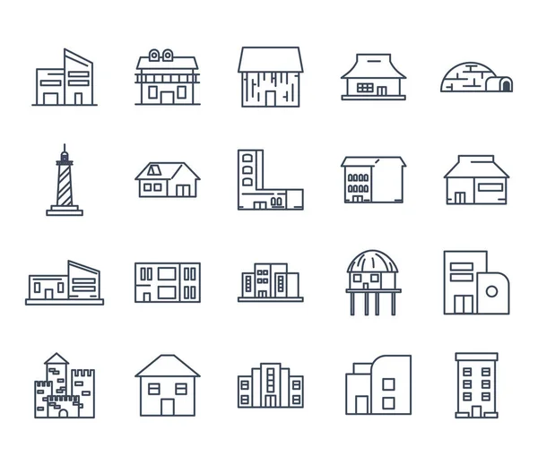 Cidade edifícios linha estilo ícone conjunto vetor design — Vetor de Stock