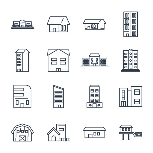 Ciudad edificios línea estilo icono conjunto vector diseño — Vector de stock