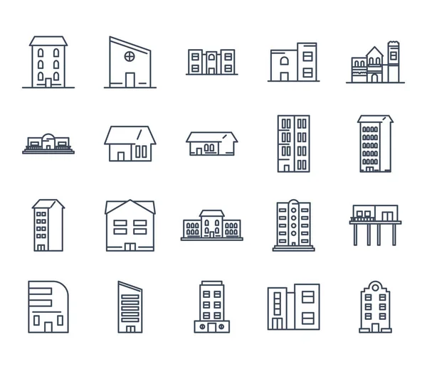Ciudad edificios línea estilo icono conjunto vector diseño — Vector de stock