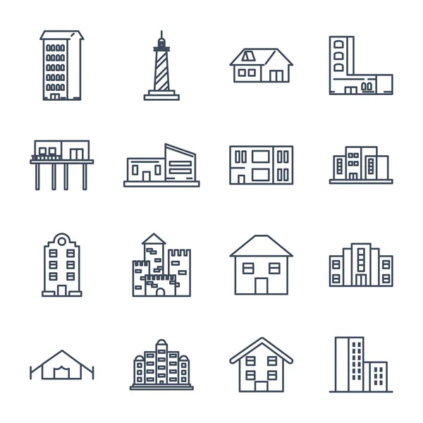 Ciudad edificios línea estilo icono conjunto vector diseño — Vector de stock