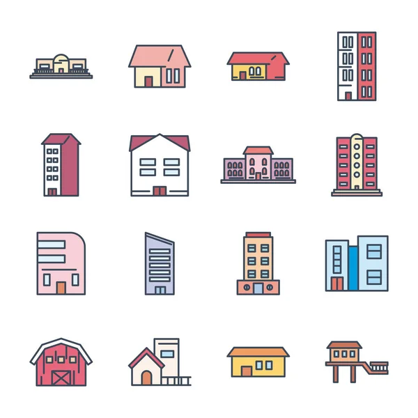 Línea de edificios de la ciudad y el icono de estilo de relleno conjunto vector diseño — Vector de stock