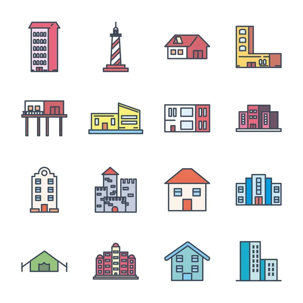 Línea de edificios de la ciudad y el icono de estilo de relleno conjunto vector diseño — Vector de stock