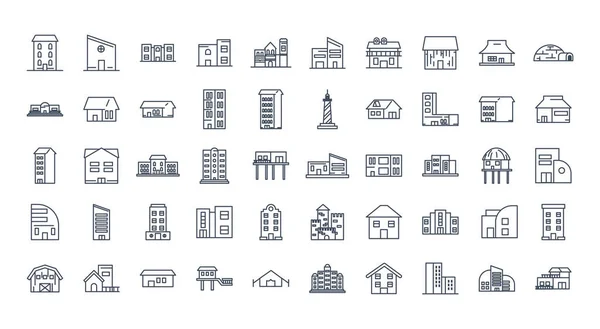 Ciudad edificios línea estilo icono conjunto vector diseño — Vector de stock