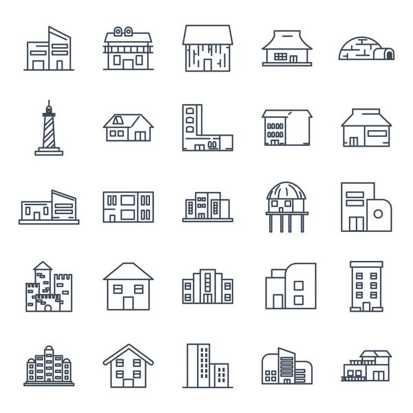 Ciudad edificios línea estilo icono conjunto vector diseño — Vector de stock