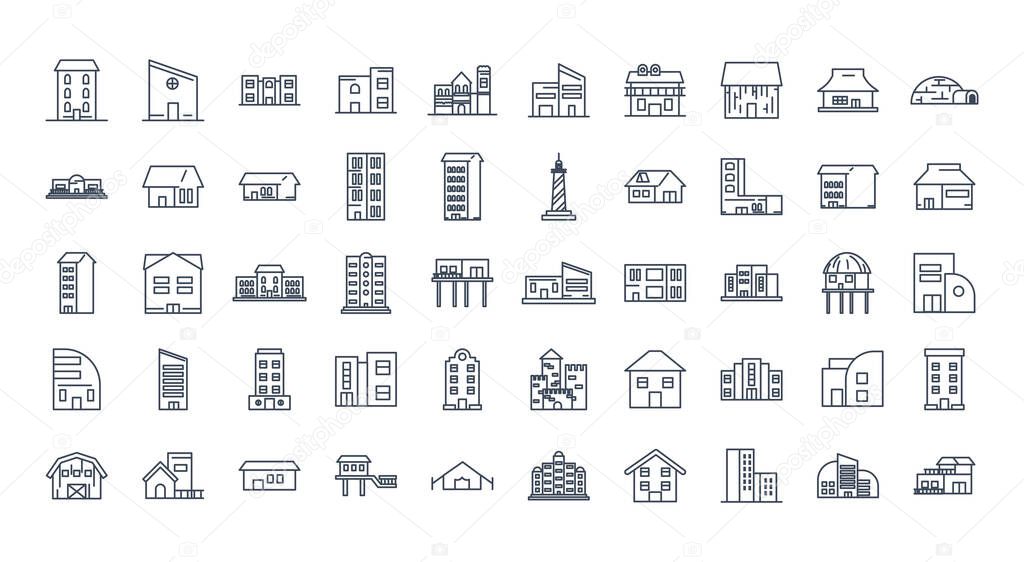 city buildings line style icon set vector design