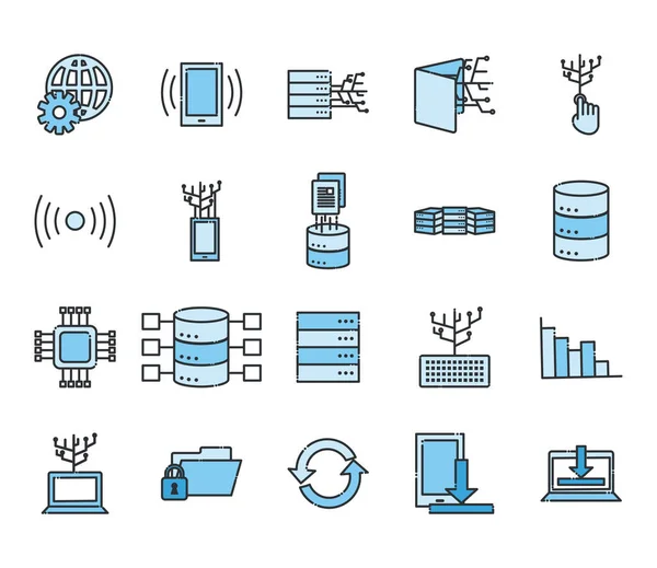 Big data line and fill style icon set vector design