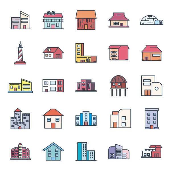 City buildings line and fill style icon set vector design — Stock Vector