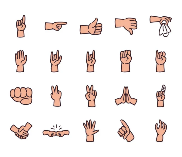 Gestos con la línea de las manos y el estilo de relleno icono conjunto vector diseño — Vector de stock