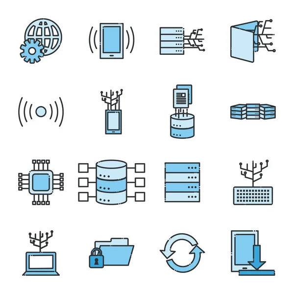 Big data line and fill style icon set vector design