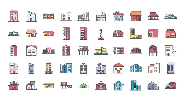 Línea de edificios de la ciudad y el icono de estilo de relleno conjunto vector diseño — Vector de stock