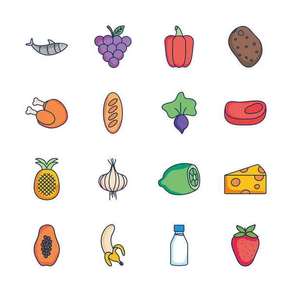 Conjunto de iconos de frutas y alimentos saludables, estilo de relleno de línea — Vector de stock