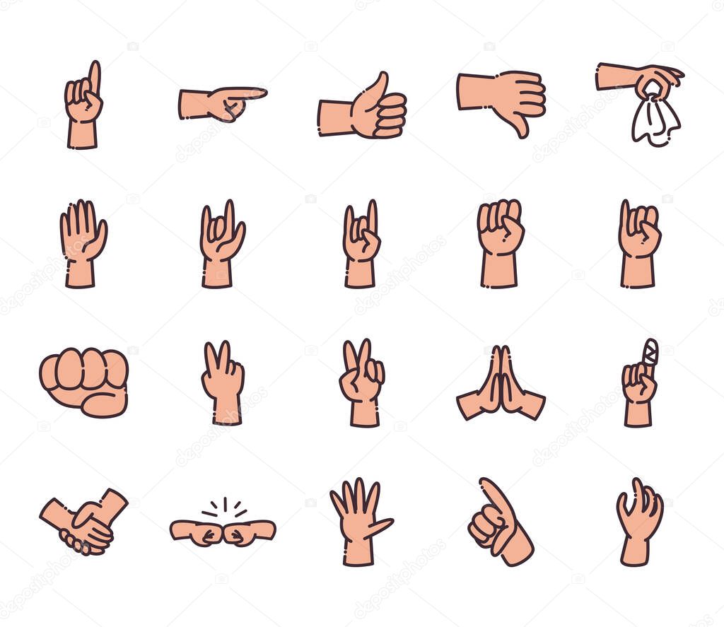 gestures with hands line and fill style icon set vector design