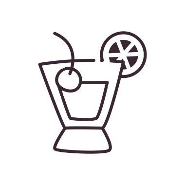 Limon ve kiraz çizgisi tarzı ikon vektör tasarımlı kokteyl camı