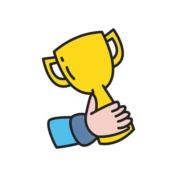 Mão segurando linha de troféu e design de vetor ícone de estilo de preenchimento — Vetor de Stock