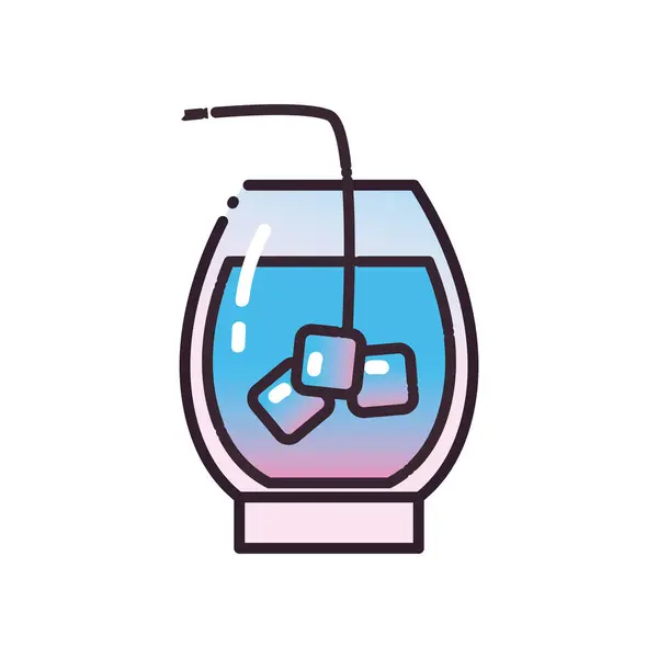 Koktejlové sklo s kostkami ledu a slaměnou výplní a stylovým designem ikon — Stockový vektor