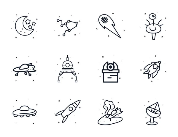 Diseño vectorial conjunto de iconos de estilo de línea espacial — Archivo Imágenes Vectoriales