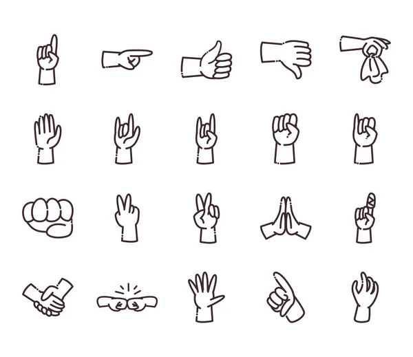 Gestos con las manos estilo línea icono conjunto vector diseño — Vector de stock