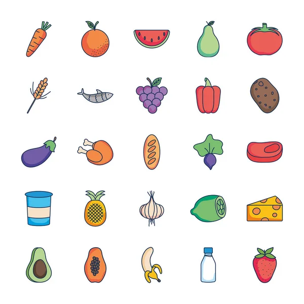 Набор иконок моркови и здоровой пищи, стиль заливки линии — стоковый вектор