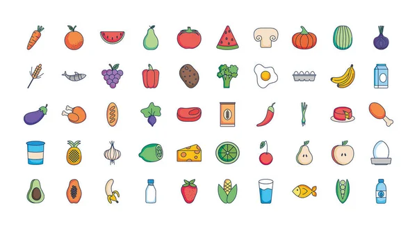 Hälsosam mat ikon set, linje fylla stil — Stock vektor