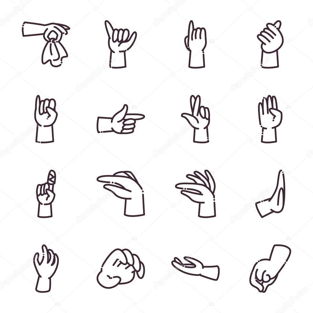 gestures with hands line style icon set vector design