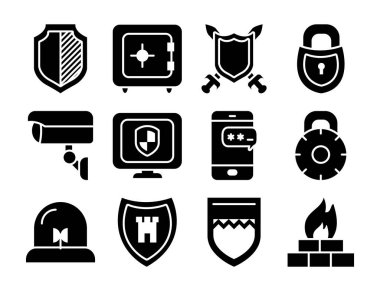 kasa ve kalkan simgesi seti, siluet biçimi