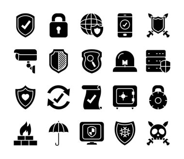 asma kilit ve kalkan simgesi seti, siluet biçimi