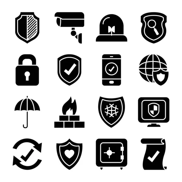 Cámara de seguridad y sistema de iconos de escudo de seguridad, media línea de medio color estilo — Vector de stock
