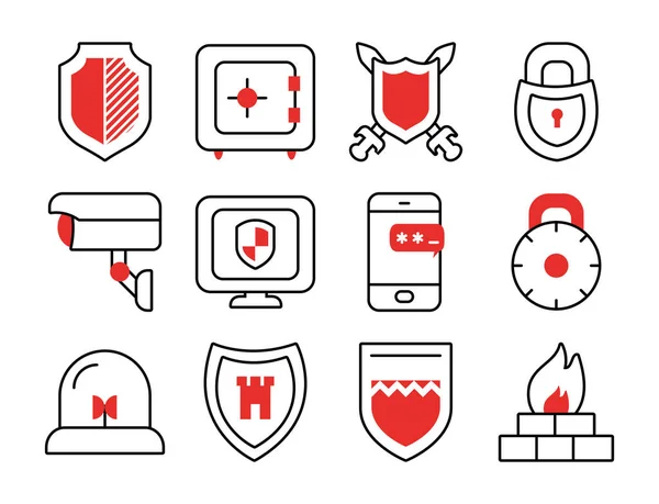 Conjunto de iconos de caja fuerte y escudo, mitad línea medio color estilo — Vector de stock